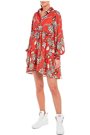 Replay Damen Kleid Langarm All Over Print, (Rot), M