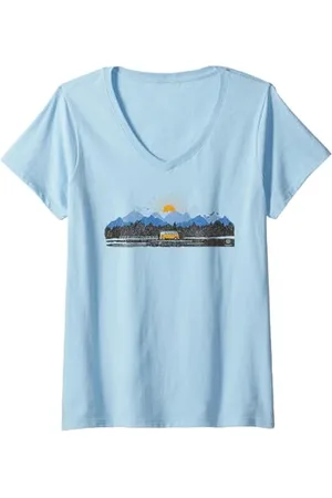 Volkswagen Damen Die Bergszene von Campervan — Entdecken Sie weiter T-Shirt mit V-Ausschnitt
