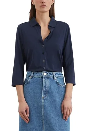 Marc O’ Polo Marc OߴPolo Damen Jerseybluse mit Kentkragen verkürzte Ärmel, Blau (Cloudless Night), L