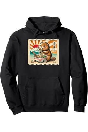 Cheerful Animal Enthusiast Artistic Apparel Japanischer Mt. Fuji Sunset Briefmarke Baby Biber Ramen Pullover Hoodie