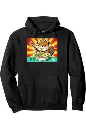 Cheerful Animal Enthusiast Artistic Apparel Pop Japanese Sunset Rays Nudeln Baby Biber Ramen Pullover Hoodie
