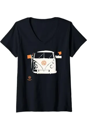 Volkswagen Damen Typ 2 Camper Weiß Orange Duotone Art T-Shirt mit V-Ausschnitt