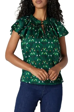 Amazon Damen Weit Geschnittene Bluse mit Volantärmeln aus Baumwoll-Satin, , L