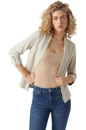 VERO MODA Damen Legeres Blazer Jackett mit Dreiviertel Arm Leichter Sakko Eleganter Business Shacket, Farben:Beige-2, Größe:XL