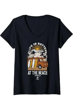 Volkswagen Damen Typ 2 T2 Campervan Life Is Better At The Beach T-Shirt mit V-Ausschnitt