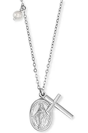 Engelsrufer Damen Halskette aus Sterling mit Kreuz und Maria Symbol und Muschelperlen Anhänger - Karabinerverschluss - in zwei Längen verstellbar - nickelfrei