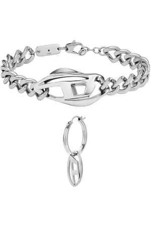Diesel Herren Set Zweifarbiges Edelstahlarmband und silberfarbene Oval D Logo Ohrringe, Set