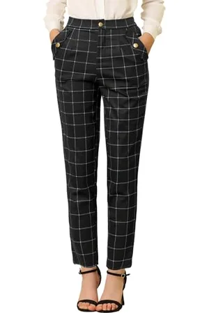 Allegra K Damen Vintage Tartan Plaid Hose Elastische Taille Gerade Lange Hose, , Groß