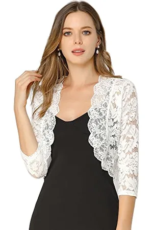 Allegra K Damen Spitzen Festlich Bolero 3/4 Ärmel Hochzeit Strickjacke Vorne Offen Crop Cardigan Shrug M