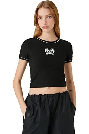 Koton Damen Crop Butterfly Patterned Crew Neck Short Sleeve T-Shirt, , XL EU