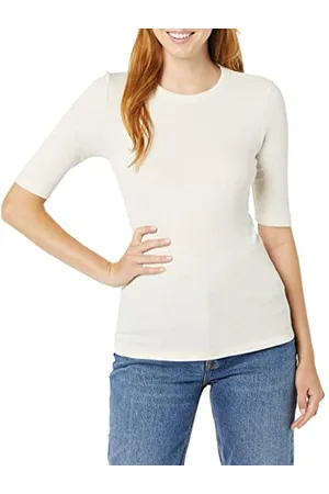 Amazon Damen Geripptes T-Shirt aus Modal mit ellenbogenlangen Ärmeln und Rundhalsausschnitt (in Übergröße erhältlich), , L