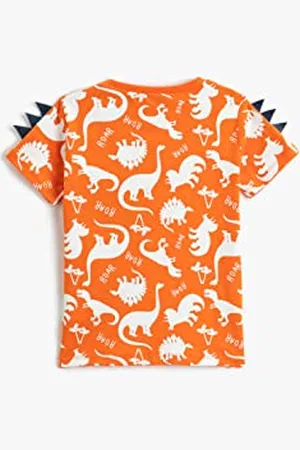 Koton Baby Boy Dinosaur Printed T-Shirt Applique Detail Short Sleeve Crew Neck Cotton