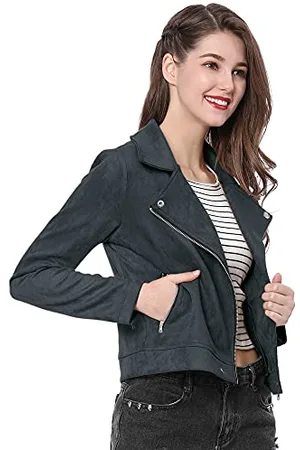 Allegra K Kurze Damen-Bikerjacke, weich, mit Reißverschluss, Wildlederimitat, Bikerjacke, , L