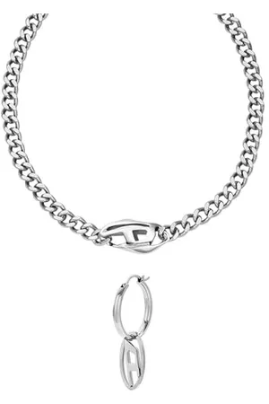 Diesel Herren Set Halskette und Oval D Logo Ohrringe, silberfarbener Edelstahl, Set