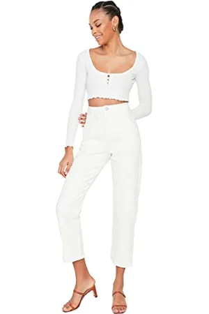 Trendyol Damen Waist Detailed High Waist Straight Jeans, , 32 EU