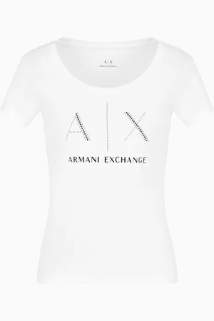 Armani Exchange Schmal geschnittenes T-Shirt aus Pima-Baumwolle mit Strass-Logo