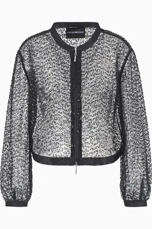 Emporio Armani Bolero mit Reißverschluss aus Tüll mit durchgehender Stickerei aus Mikropailletten und Schmucksteinen