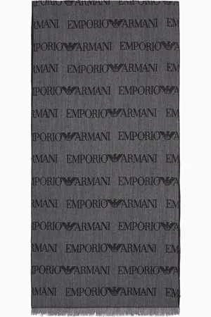 Emporio Armani Schal aus Schurwollgemisch mit Logo-Lettering in Jacquard und Fransen