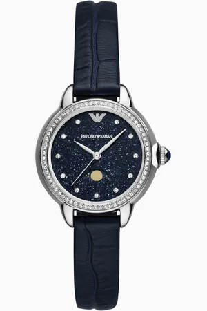 Emporio Armani Dreizeigeruhr mit Lederarmband in Blau und Mondphasen-Anzeige