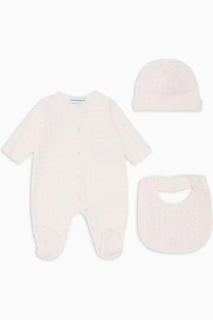 Emporio Armani Geschenkset Playsuit, Lätzchen und Häubchen aus Jersey mit Optical-Adler-Print