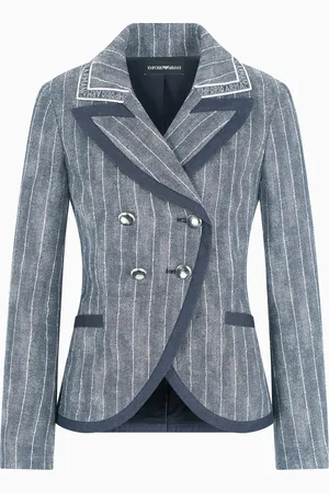 Emporio Armani Zweireihiger Blazer aus Leinen-Baumwoll-Mischung mit Nadelstreifen-Denim-Effekt