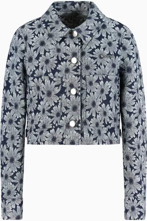 Emporio Armani Denim-Jacke aus der Peace ASV Sonderkollektion, gefertigt aus Jacquard-Stoff mit Allover-Margeritenmuster
