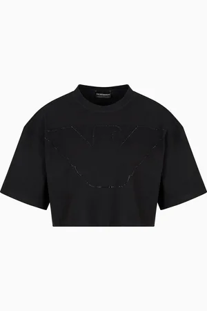 Emporio Armani ASV Cropped-T-Shirt aus Stretchjersey mit Maxi-Adler mit Strasssteinen
