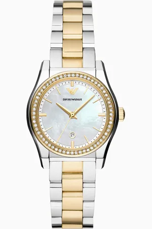 Emporio Armani Uhr mit drei Zeigern, Datumsanzeige und zweifarbigem Edelstahlarmband
