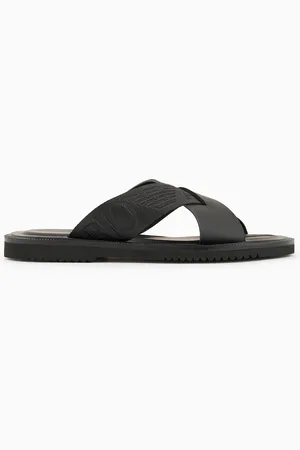 Emporio Armani Überkreuzte Sandalen aus Leder mit Logo-Band
