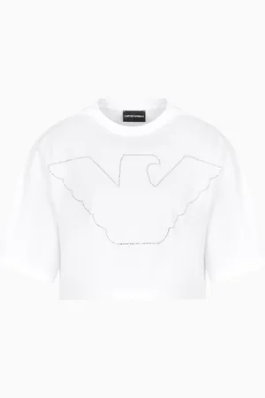Emporio Armani ASV Cropped-T-Shirt aus Stretchjersey mit Maxi-Adler mit Strasssteinen