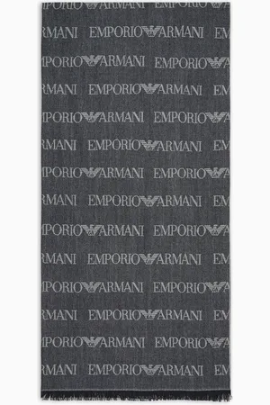 Emporio Armani Schal aus Schurwollgemisch mit Logo-Lettering in Jacquard und Fransen