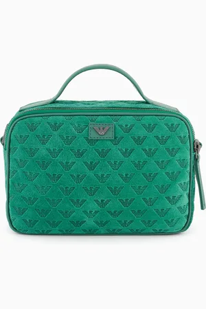 Emporio Armani Henkeltasche aus Veloursleder mit Schultergurt und Allover-Adler-Prägung