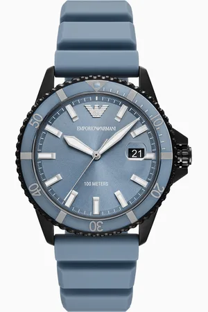 Emporio Armani World Explorer Dreizeigeruhr mit Datumsanzeige, gefertigt aus blauem Silikon