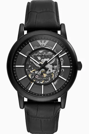 Emporio Armani Herren-Automatikuhr aus schwarzem Leder