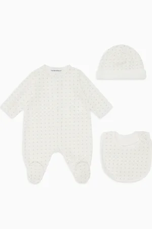 Emporio Armani Geschenkset Playsuit, Lätzchen und Häubchen aus Jersey mit Optical-Adler-Print