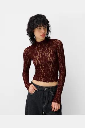 Bershka Langarmshirt Mit Stehkragen Und Spitzenkante Damen Xs Braun