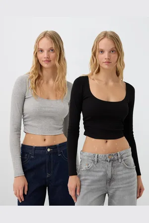 Bershka 2er-Pack Langarmshirts Mit Langen Ärmeln Und Topfkragen Damen Xs Kombiniert