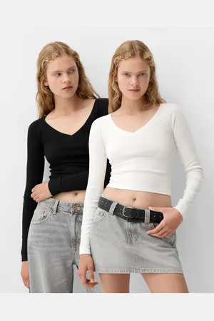 Bershka Doppelpack Langarmshirts Mit V-Ausschnitt Damen Xs Kombiniert