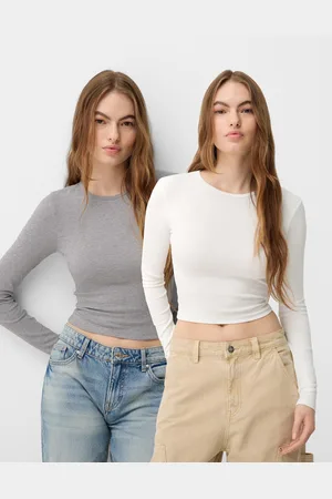 Bershka 2er-Pack Langarmshirts Mit Langen Ärmeln Und Rundausschnitt Damen L Kombiniert