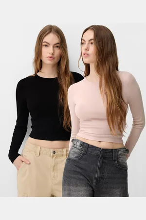 Bershka 2er-Pack Langarmshirts Mit Langen Ärmeln Und Rundausschnitt Damen Xs Kombiniert
