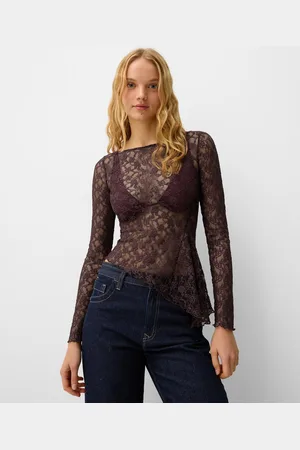 Bershka Langarmshirt Mit Spitzenkante Damen Xs Violett