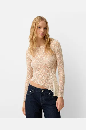 Bershka Langarmshirt Mit Spitzenkante Damen Xs Rohweiß