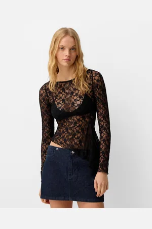 Bershka Langarmshirt Mit Spitzenkante Damen S Schwarz