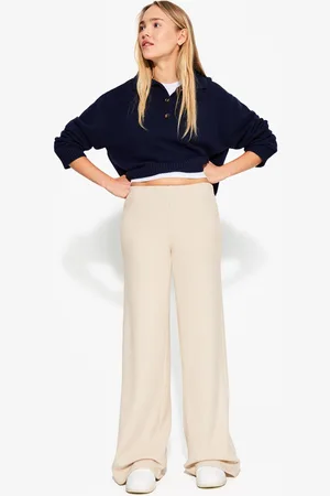 Bershka Soft Touch Hose Wide-Leg Rib Damen Xs Camel