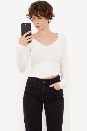 Bershka Langarmshirt Mit V-Ausschnitt Damen Xs Grbrochenes Weiss