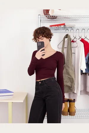 Bershka Langarmshirt Mit V-Ausschnitt Damen Xs Bordeaux