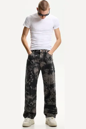 Bershka Baggy-Jeans Mit Print Herren 34 Dunkelgrau