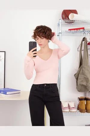 Bershka Langarmshirt Mit V-Ausschnitt Damen Xs Rosa