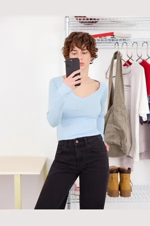 Bershka Langarmshirt Mit V-Ausschnitt Damen Xs Hellblau