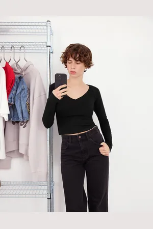 Bershka Langarmshirt Mit V-Ausschnitt Damen S Schwarz